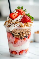 Strawberry and cream smoothie in a plastic cup