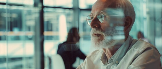 Elderly man with glasses looks thoughtfully out of a window in a modern office, reflecting on something profound.