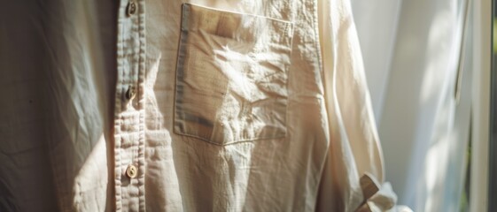 The soft light warmly illuminates a slightly wrinkled, beige shirt hanging near a sunlight-filled window, evoking a relaxed and homey atmosphere.