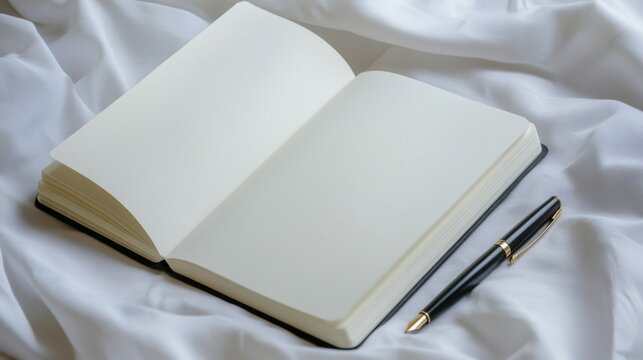 A blank page in a notebook with a pen resting beside it, symbolizing new beginnings and untold stories, ready for a fresh chapter