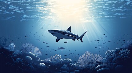 Fototapeta premium A shark swims through a coral reef in the ocean, with sunlight shining down from above.