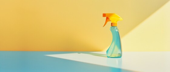 A yellow spray bottle positioned against a two-toned background of pastel yellow and blue, highlighting simplicity in design and household functionality.