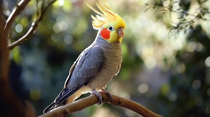 A cockatiel with a yellow and orange crest perched on a tree branch in natural light