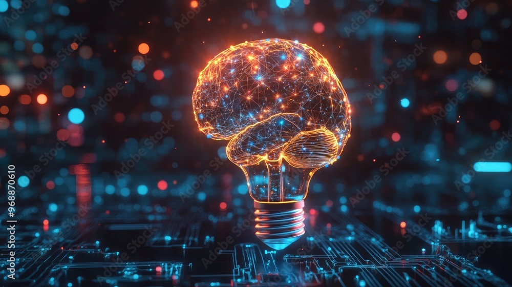 Poster brain and glowing light bulb surrounded by ai visuals, representing the intersection of creativity, 