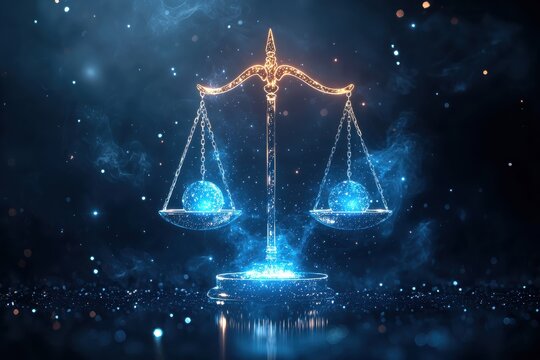 Glowing scales of justice symbol in cosmic space background
