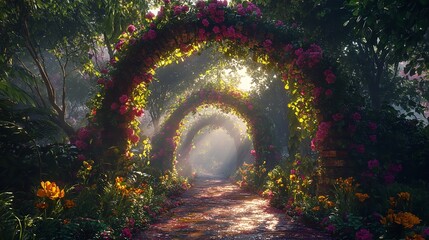 An enchanting garden archway covered in blooming vines leading to a secret garden area