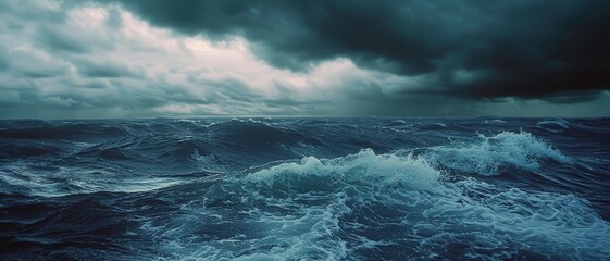 Fototapeta premium A dramatic scene of stormy ocean waves under dark, turbulent skies, capturing the raw power of nature.