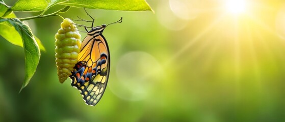 A delicate butterfly emerging from its chrysalis, symbolizing the transition from one stage of life...