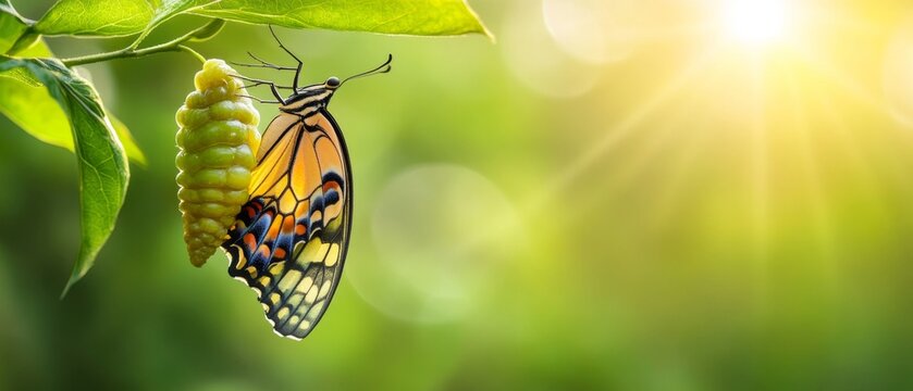 A delicate butterfly emerging from its chrysalis, symbolizing the transition from one stage of life to the next, representing growth and renewal