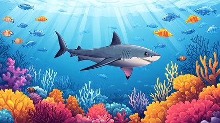 Obraz premium A gray shark swims through a vibrant coral reef with colorful fish.