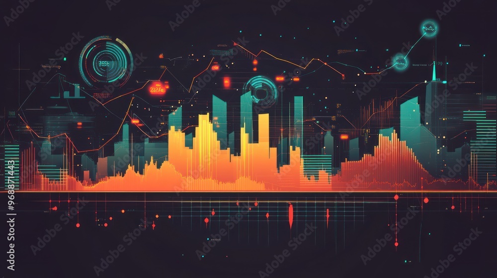 Poster futuristic cityscape with data visualization