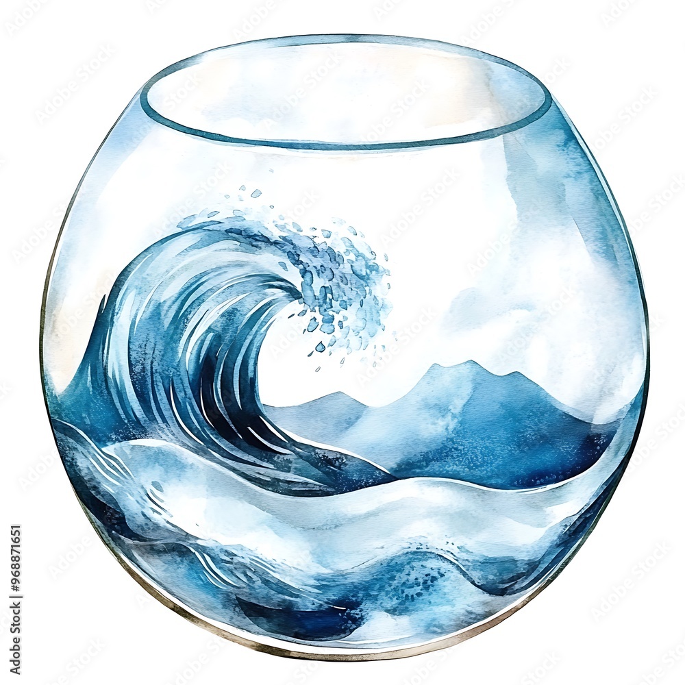 Poster Watercolor Illustration of a Wave in a Glass Orb.