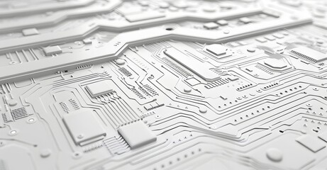 Circuit board pattern, white background, white circuit lines on the surface of the computer motherboard, circuit lines arranged in an irregular manner and different directions, 3D rendering