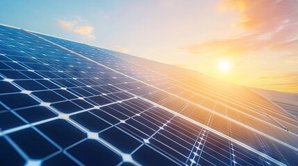 Close-up of a solar panel in a futuristic setting, with its grid structure reflecting the sun's rays, emphasizing clean energy