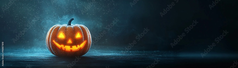 Poster a futuristic halloween pumpkin floating in space, surrounded by glowing stars and a spooky nebula, w