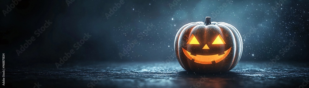 Poster a futuristic halloween pumpkin floating in space, surrounded by glowing stars and a spooky nebula, w