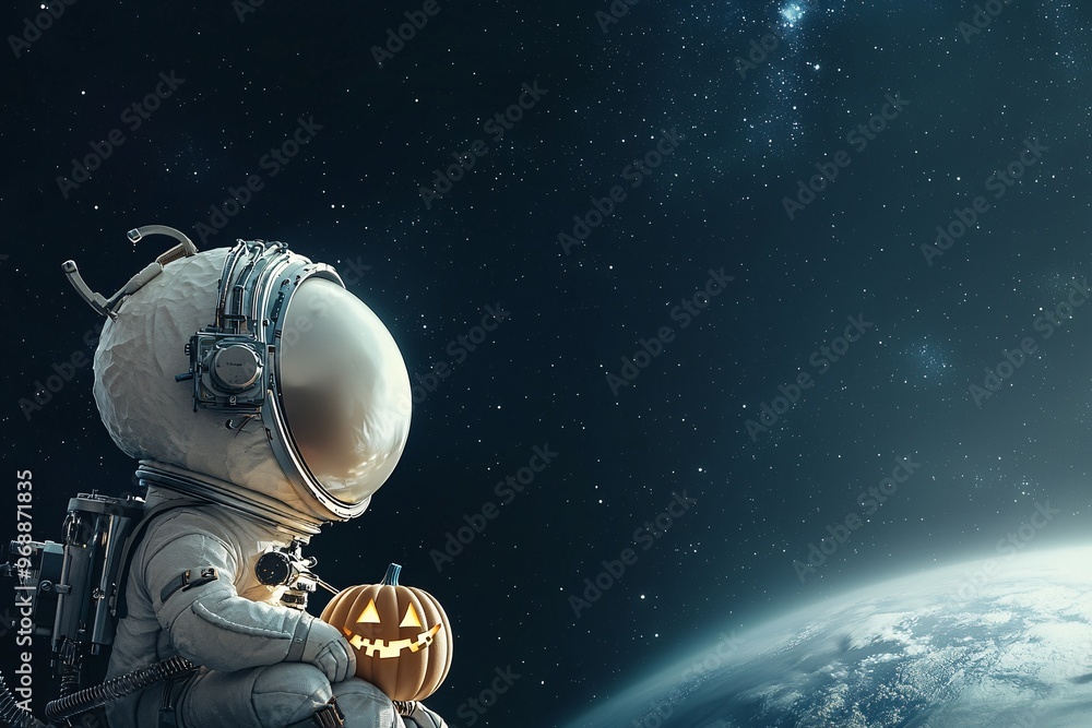Poster an alien creature holding a carved pumpkin on a space station overlooking a distant planet, with a g