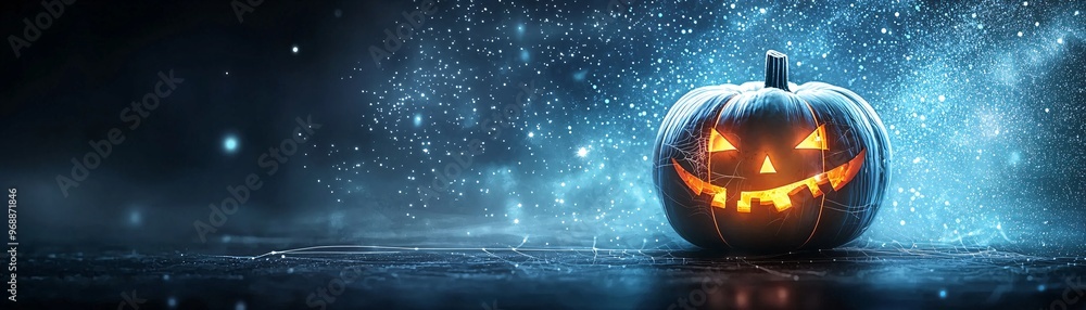 Poster a futuristic halloween pumpkin floating in space, surrounded by glowing stars and a spooky nebula, w