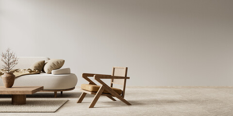 Mock up poster frame in Scandinavian style interior. Minimalist livingroom with wooden furnitures....
