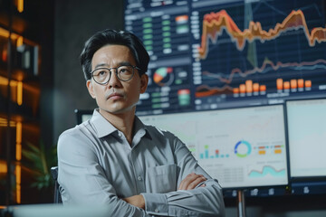Fototapeta premium asian man leader presenting a financial data and strategies in a modern office with charts and graphs displayed on a large screen