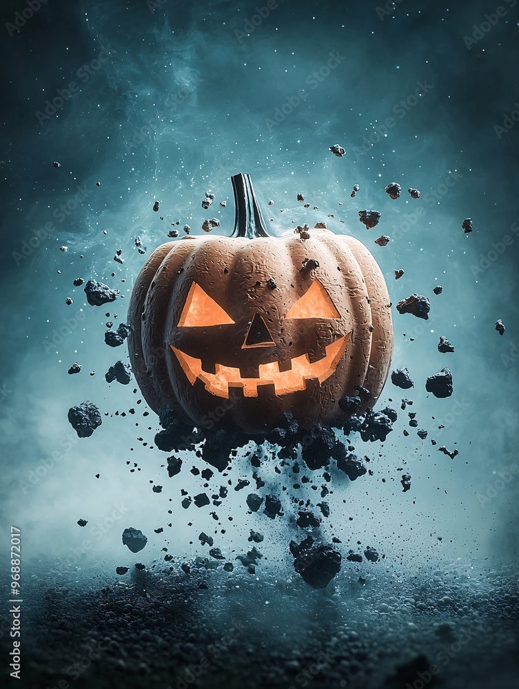 Poster a spaceship shaped like a jack-o'-lantern hovering near a haunted asteroid field, illuminated by eer