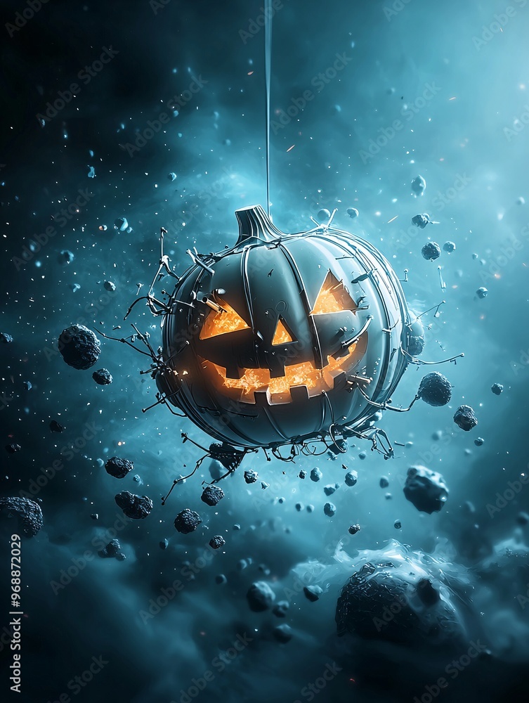 Poster a spaceship shaped like a jack-o'-lantern hovering near a haunted asteroid field, illuminated by eer