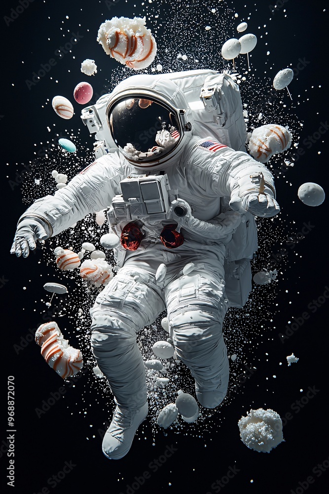 Poster a ghostly figure in an astronaut suit floating through outer space, with a trail of candy and stars 