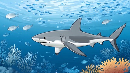 Obraz premium A large great white shark swims through a school of fish over colorful coral reefs.
