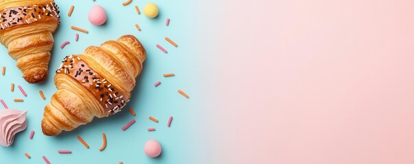 Two croissants with sprinkles on a blue and pink background.