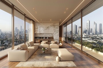 Naklejka premium A modern living hall with modern sofa set UHD wallpaper