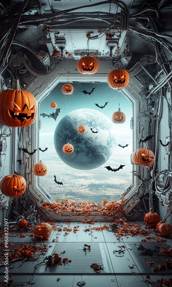 Poster a space station decorated for halloween, with floating pumpkins and bats, and a large view of an eer