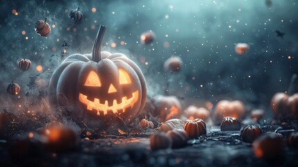 Naklejka premium A cosmic scene with a haunted planet, where glowing pumpkins and mysterious shadows lurk on the surface, with stars and nebulae in the background providing copy space.