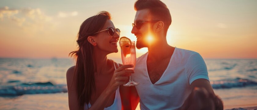 A couple shares a romantic moment at sunset on the beach, clinking glasses and smiling, capturing pure happiness and the beauty of togetherness.