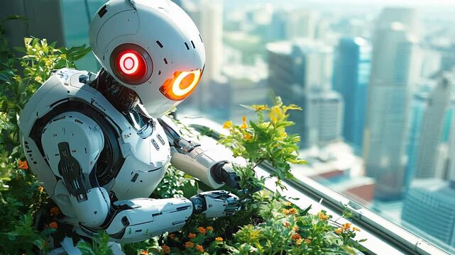 A futuristic robot carefully tends to a vibrant flower garden in a high-rise building, overlooking a sprawling city. - Powered by Adobe