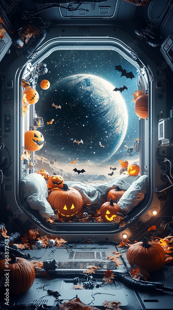 Poster a space station decorated for halloween, with floating pumpkins and bats, and a large view of an eer