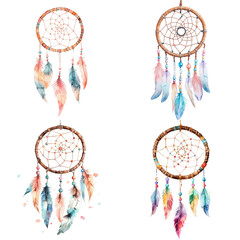 Obraz premium Dreamy Watercolor Dreamcatchers Isolated on Transparent Background for Spiritual and Decorative Themes