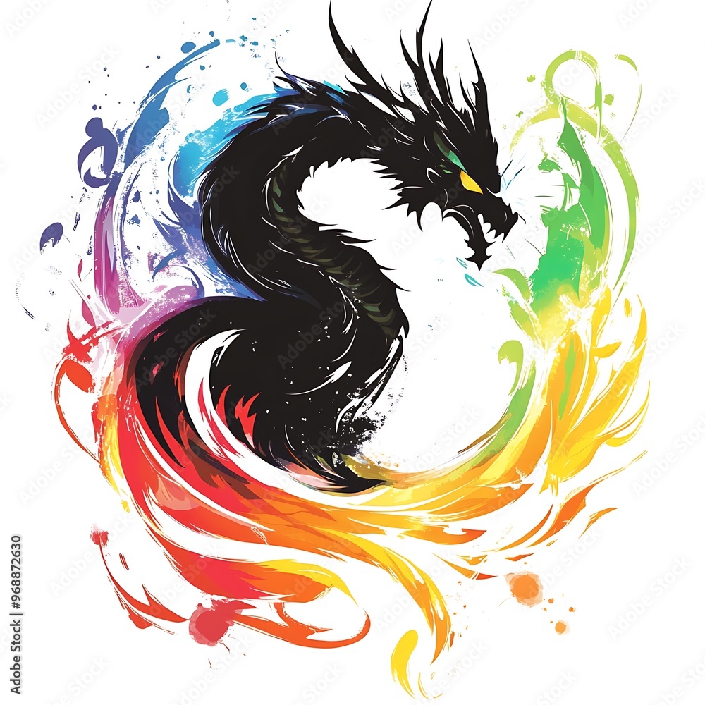 Poster Abstract Dragon Illustration with Rainbow Watercolor Splashes.