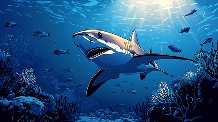 Obraz premium A large, white shark swims through a coral reef with a school of fish. The sun shines through the water above.