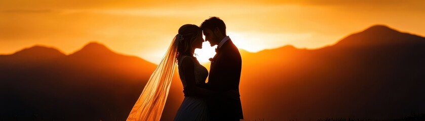 A bride and groom embrace in silhouette against a stunning mountain sunset, creating a romantic and timeless wedding scene.
