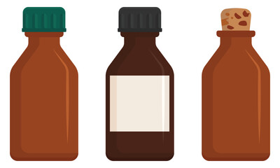 Set of glass bottles for storing liquids or medicines. Brown glass bottles with different closures. Vector illustration isolated on white background