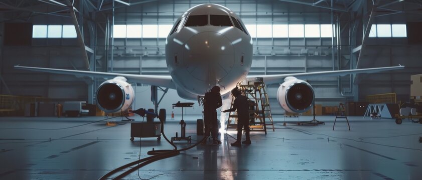 A striking image of engineers working on an aircraft in a spacious, well-lit hangar, symbolizing precision, teamwork, and advanced technology in aviation maintenance.