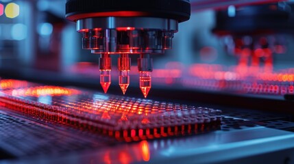 Intricate DNA Sequencing Machine Revealing the Future of Genetic Research with Vibrant Red and Blue Lighting Effects