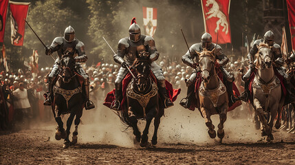 A medieval knight tournament – Jousting knights in shining armor, with lances raised, charging toward each other on horses, while a crowd of nobles and commoners cheer from the stands with banners 