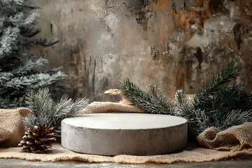 Rustic Concrete Pedestal with Pinecones, Burlap, and Frosted Greenery, Natural Winter Display, Holiday Background for Seasonal Decor