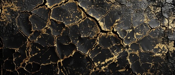 A cracked black texture interspersed with shimmering golden streaks, forming mesmerizing and complex patterns across the surface.