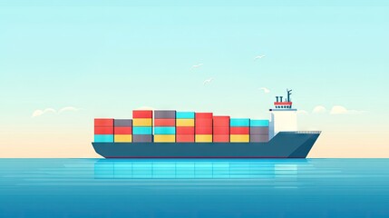 Obraz premium Flat design of a cargo ship loaded with colorful containers, sailing on a calm ocean, representing international shipping