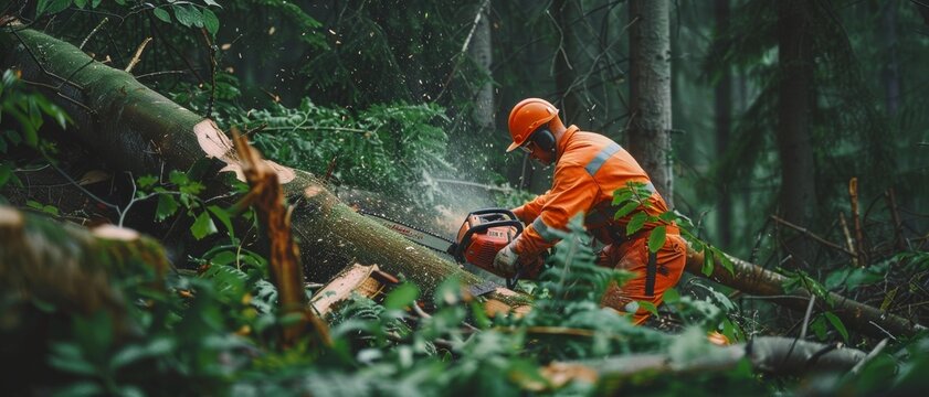A lumberjack in orange safety gear uses a chainsaw to cut through a fallen tree in a dense forest, surrounded by lush greenery.