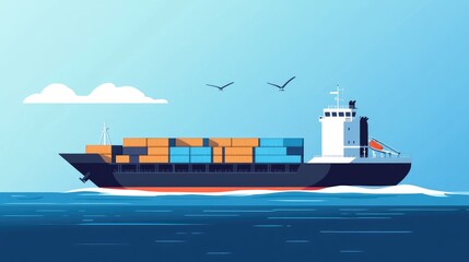 Flat illustration of a cargo ship with containers, crossing the ocean, symbolizing international shipping and logistics in a clean, minimalist style.