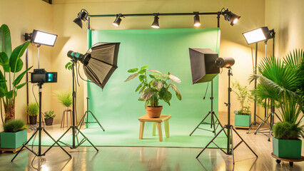 A studio setup with a potted plant on a small stool, surrounded by lights and a green backdrop, creating a fresh, natural setting for photography