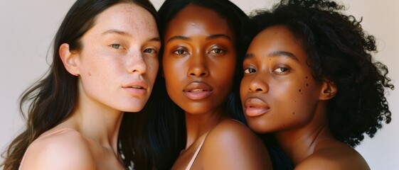 Fototapeta premium Three women standing close together, showcasing diverse beauty and natural expressions against a neutral backdrop.